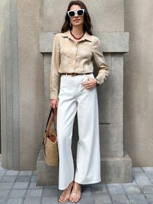 Solivie 休闲通勤花卉刺绣衬衫，女士夏季优雅通勤办公装，适合各种场合。杏色亚麻刺绣长袖衬衫，设计精致优雅，百搭实用，是度假的理想之选。春季女装 - 白色 - 查看 6