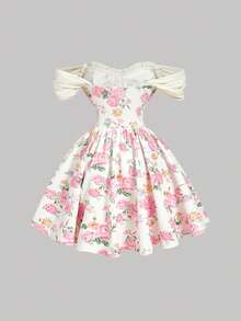 SHEIN MOD Đầm trễ vai màu hồng in hoa, kiểu dáng lãng mạn, hở lưng, thắt nơ, thích hợp cho các buổi hẹn hò, tiệc tùng, kỳ nghỉ, tiệc trà, sinh nhật. - Nhiều màu - Xem 2