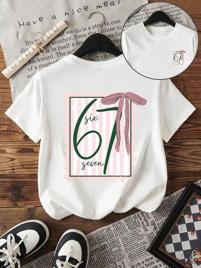 EMERY ROSE Hot Digital Slogan 67 Printed Round Neck Women's T-Shirt, Cute Pink Striped Bow Print Spring/Summer, Women's Gift, Holiday T-Shirt, Fashion T-Shirt, Beauty T-Shirt, Hand And Foot Gift, Sister Gift, Fun T-Shirt, Casual Simple Fashion T-Shirt