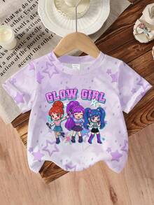 1 Stück Mädchen Lässiges, süßes, beliebtes 3-Mädchen-Gruppe Stern Lila Muster T-Shirt, geeignet für Frühling/Sommer, Alter 4-7, weich und hautfreundlich, modisches und stilvolles Design, lässt Kinder im Frühling/Sommer im Mittelpunkt stehen - Verschiedenfarbig - Übersicht 3
