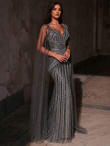 Aureia 优雅奢华的鼠尾草绿串珠亮片雪纺袖美人鱼连衣裙，适合婚礼、派对、度假、舞会、晚礼服（重工装饰） - 草綠色 - 查看 7