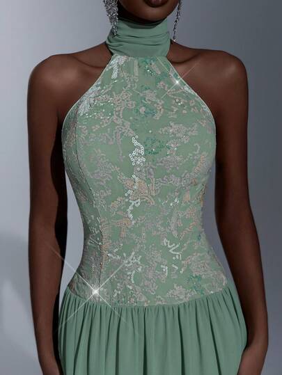 Elitara Vestido elegante, romántico y de moda con parches de gasa bordados con lentejuelas verdes, corte halter con lazo, silueta evasé. Vestido elegante para fiestas, invitada de boda, vestido largo verde, vestido de dama de honor elegante y grácil.