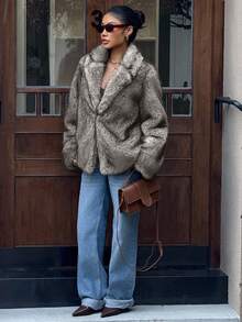 DAZY Chaqueta de mujer con cuello de piel sintética y manga larga, para otoño/invierno - Albaricoque - Ver 5