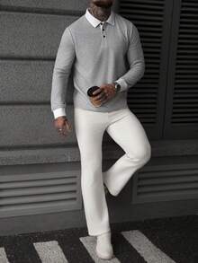 Manfinity Homme Men's Contrast Color Long Sleeve Casual Commuter Polo Shirt - Grey - View 5