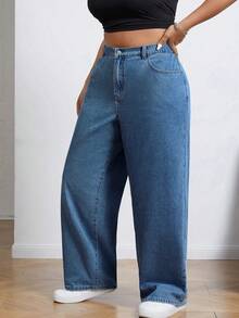 SHEIN ICON Quần jeans ống đứng dáng rộng, thoải mái, đa năng, cạp chun co giãn, cỡ lớn. - Rửa nhẹ - Xem 3