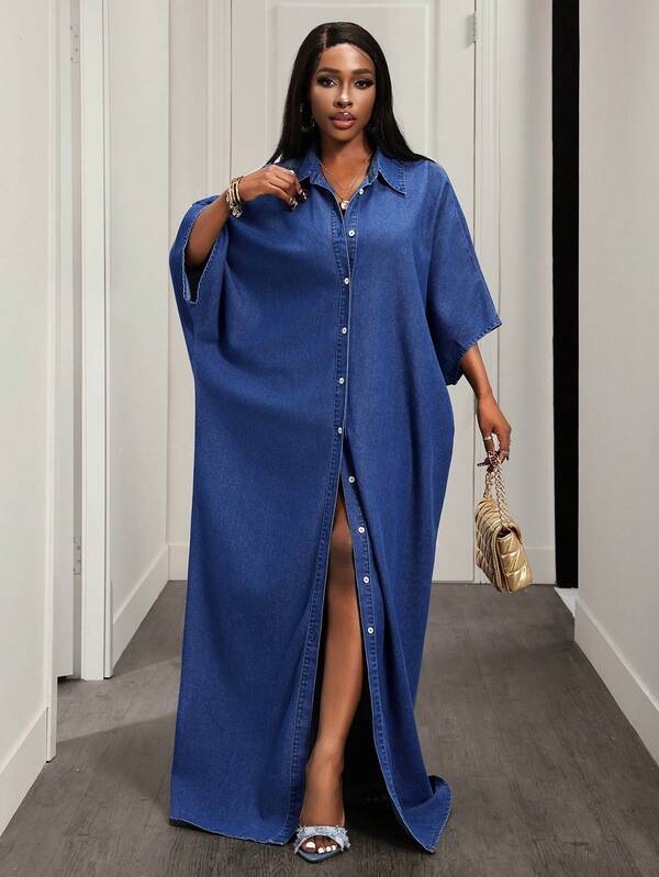 BamGleam Women's Casual Everyday Commute Batwing Sleeve Loose Denim Dress, Spring/Autumn