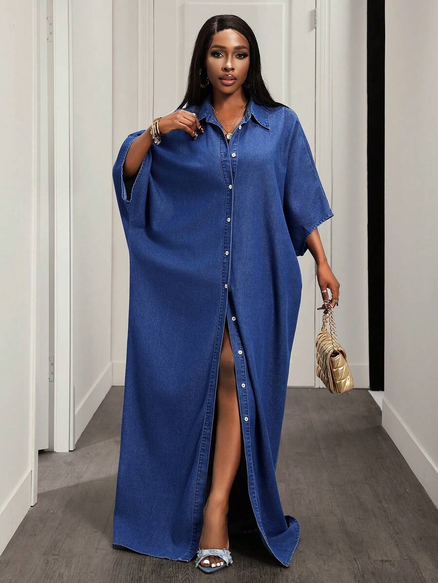 BamGleam Women's Casual Everyday Commute Batwing Sleeve Loose Denim Dress, Spring/Autumn - Light Wash - View 1