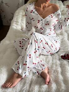 SHEIN 樱桃印花V领修身长袖长裤女士睡衣套装 - 白色 - 查看 1