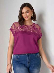 Chikora Plus Size Lace Patchwork Round Neck Solid Color Fashion Short Sleeve Shirt, Going Out Tops - Purple - View 1
