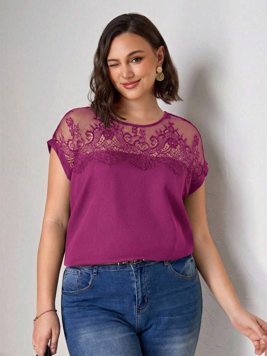 Chikora Plus Size Lace Patchwork Round Neck Solid Color Fashion Short Sleeve Shirt, Going Out Tops - Purple - View 1
