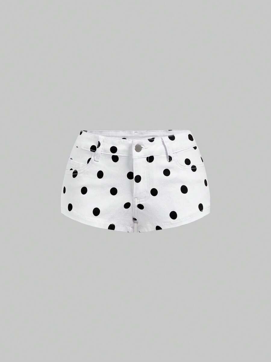 ROMWE Summer Sexy Polka Dot Ultra Low Waist Mini Denim Shorts - Black and White - View 1