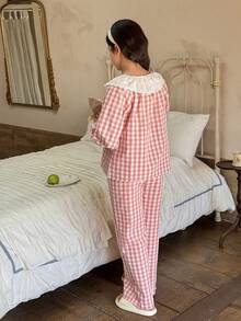 Hapijoa Bộ đồ ngủ kẻ caro cho bé gái tuổi teen, áo và quần có bèo nhún. - Hồng - Xem 5