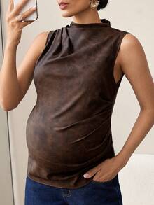 MaterniWear Maternity Clothes Maternity Tops Elegant Office Attire For Commuting Summer Ancient Tie-Dye Printed Camisole, Dark Brown Top, Brown Top, Women's Leather Top, Turtleneck Top, Sleeveless Top - Brown - View 2