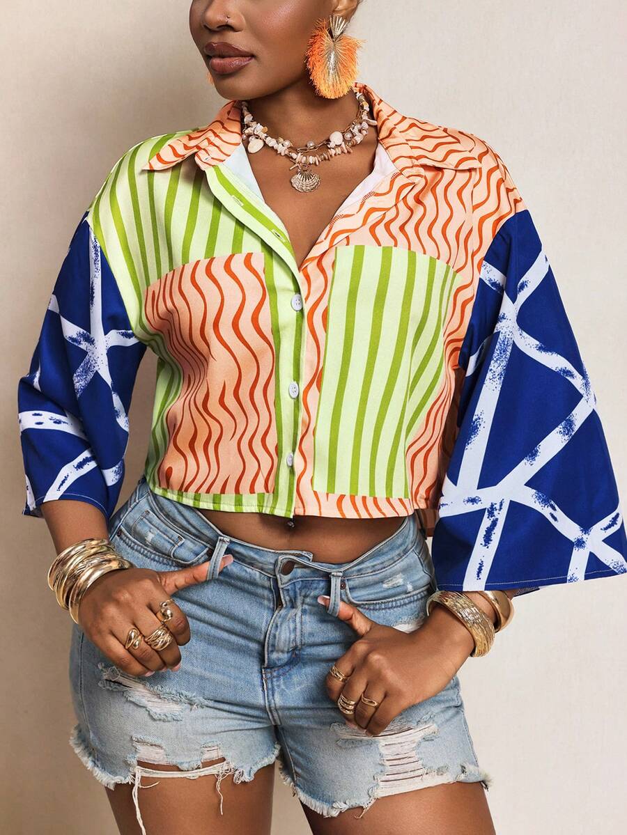 BamGleam Early Spring Casual Loose Asymmetrical Pattern Patchwork Flare Sleeve Women Shirt - Multicolor - View 1