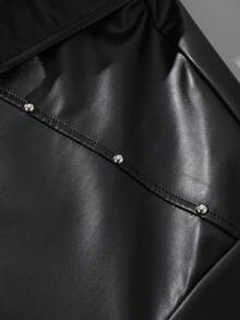 ROMWE MEN Men's Rivet PU Loose Shirt - Black - View 2