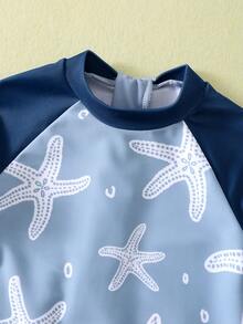 SHEIN Baby Boy/Girl Casual Vacation Starfish Pattern Color Block One-Piece Rash Guard Swimsuit, Long Sleeve Sun Protection Swimwear Suitable For Spring, Summer, Autumn, Winter Swimming, Surfing, Beach, Hot Spring - Blue - View 7