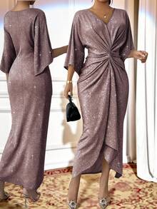 SHEIN Lady CURVE Party Casual Elegant Sequin Christmas Winter Sequin Dress Christmas  New Year Dress Party Dress Elegant Dresses For Women Plus Size Women V-Neck Batwing Sleeve Twist Waist Shiny Elegant Dress Elegant Midi Dress Women Party Dress Elegant Twist Front Dress Midi Wedding Guest Dress Glitter Dresses For Women Luxury Dress For Women Long Sleeve Elegant Dress Eleganza Dress/Christmas Dress