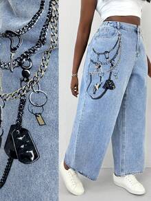 Slaydiva Plus Size Women Loose Fit Chain Print Pocket Wide Leg Casual Jeans - Blue - View 1