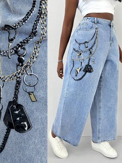 Slaydiva Plus Size Women Loose Fit Chain Print Pocket Wide Leg Casual Jeans