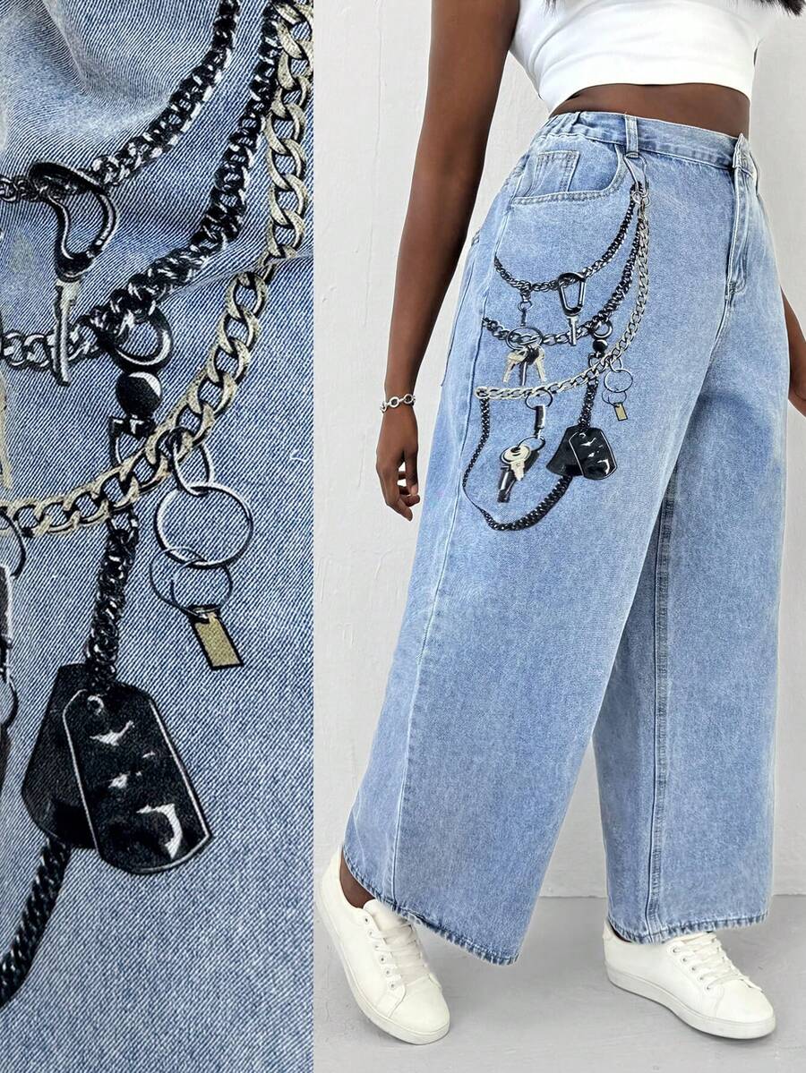 Slaydiva Plus Size Women Loose Fit Chain Print Pocket Wide Leg Casual Jeans - Blue - View 1