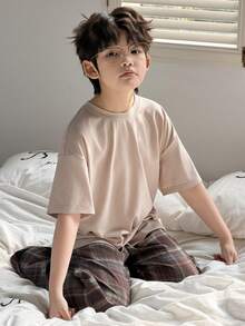 DAZY Tween Boy Solid Color Crew Neck Short Sleeve Top And Plaid Print Pants Pajama Set Spring Summer - Apricot - View 2