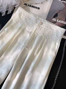 GlowEve Apricot Embossed Jacquard Waistband Splice Lace Trim Pants - Apricot - View 3