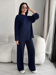 Modelyn Women's Casual Versatile Letter Embroidered Top And Pants Set Blouse And Pants Set Modest Two Piece Set 2 Piece Casual Sets Woman - Navy Blue - View 5