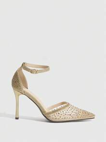 CUCCOO SZL Champagne Color Pointy Toe High Heels With Rhinestones & Mesh Panels, Glittery Luxurious Party Wedding Shoes For Women Valentine's Day - Gold - View 4