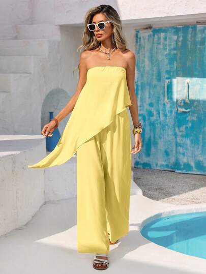 Vivid Eden 2pcs Women Casual Strapless Asymmetrical Hem Top And Loose Wide Leg Pants Set, Textured Fabric, Spring/Summer Vacation