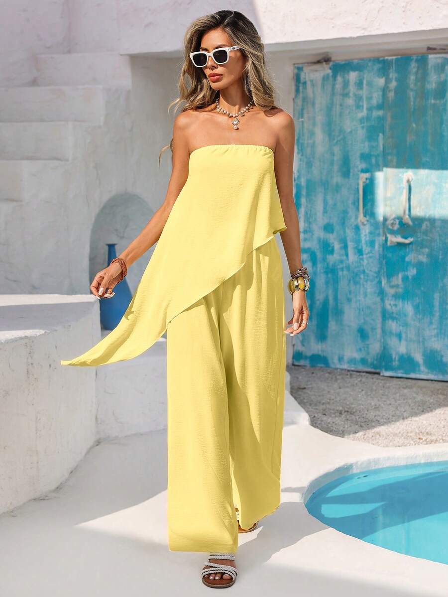 Vivid Eden 2pcs Women Casual Strapless Asymmetrical Hem Top And Loose Wide Leg Pants Set, Textured Fabric, Spring/Summer Vacation - Yellow - View 1
