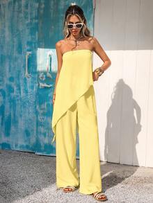 Vivid Eden 2pcs Women Casual Strapless Asymmetrical Hem Top And Loose Wide Leg Pants Set, Textured Fabric, Spring/Summer Vacation - Yellow - View 7