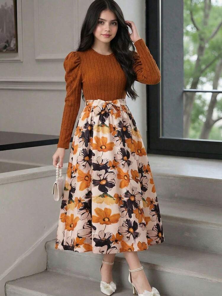SHEIN Teen Girls' Brown Ribbed Knit Mini Dress, Fall Dresses, Puff Long Sleeve Round Neck Floral Print Hem, Outfits Autumn Fall