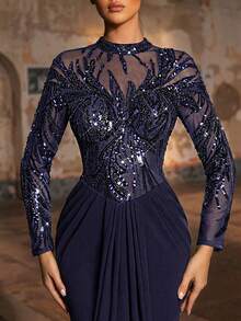 Glamrae Elegant Navy Blue Luxurious 3D Beaded & Sequin Embroidered Asymmetrical Neck Sheer Long Sleeve Ruched Fishtail Formal Gown, Suitable For All Formal Occasions - Navy Blue - View 2