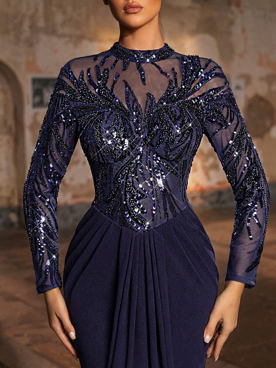 Glamrae Elegant Navy Blue Luxurious 3D Beaded & Sequin Embroidered Asymmetrical Neck Sheer Long Sleeve Ruched Fishtail Formal Gown, Suitable For All Formal Occasions