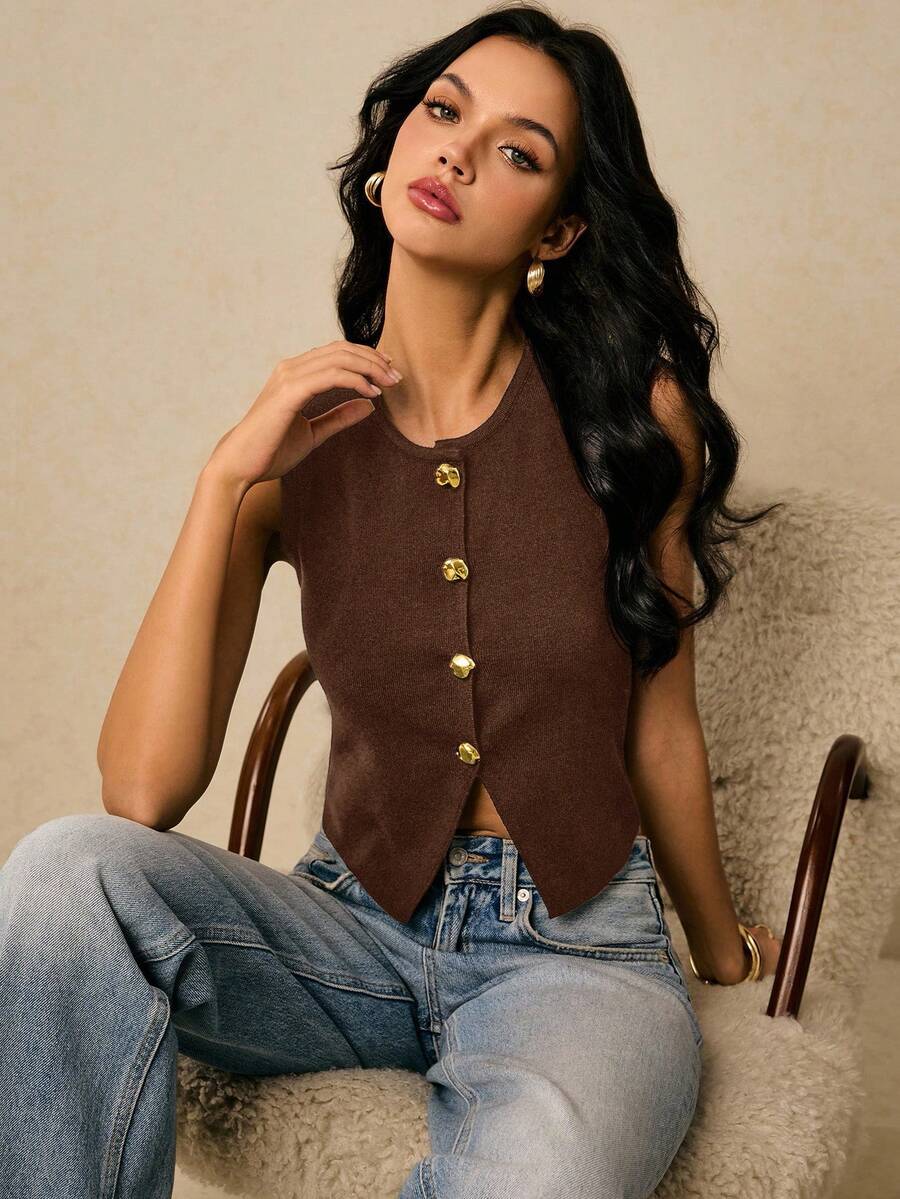 Poéselle Áo vest dệt kim màu trơn dáng suông cài cúc phía trước dành cho nữ mùa hè, áo sơ mi cài cúc, áo nữ, áo croptop, áo vest cài cúc, áo không tay để đi chơi, áo dành cho học sinh mùa thu/đông. - Cà phê nâu - Xem 1