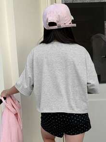 DAZY 少女印花落肩T恤，秋夏季 - 灰色 - 查看 4