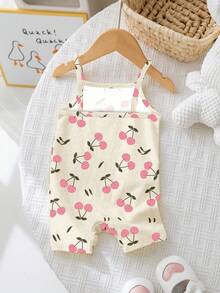 SHEIN 可爱樱桃图案女婴休闲连体衣，适合春夏季节、休闲度假、海滩周末、可爱夏日装扮、夏季女婴单品、韩版风格、海滩风、夏季外出服。 - 彩色 - 查看 3