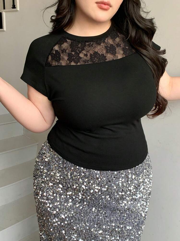 Dazy Plus Plus Size Solid Color Elastic Fitted Lace Splice Bodycon Cropped Short Sleeve T-Shirt Spring Summer