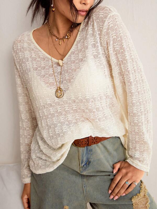 Freevana Plus Size Women V-Neck Long Sleeve Casual Loose Versatile T-Shirt Boho Tops Western Resort Wear Women Beach Cover-Up Sexy Pajamas  See-Through Top Valentines Lace