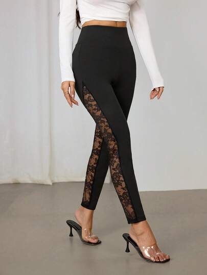 SHEIN PETITE Kontrastfärgade spetsleggings i svart Höst/Vinter Damkläder Tillbaka till skolan Anspråkslösa vintagekläder för lärare för kvinnor Flygplats