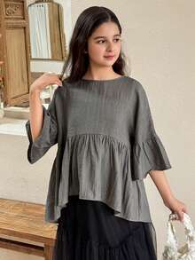 DAZY Tween Girl Loose Fit Round Neck Flare Sleeve Ruffle Hem Blouse Spring - Grey - View 4