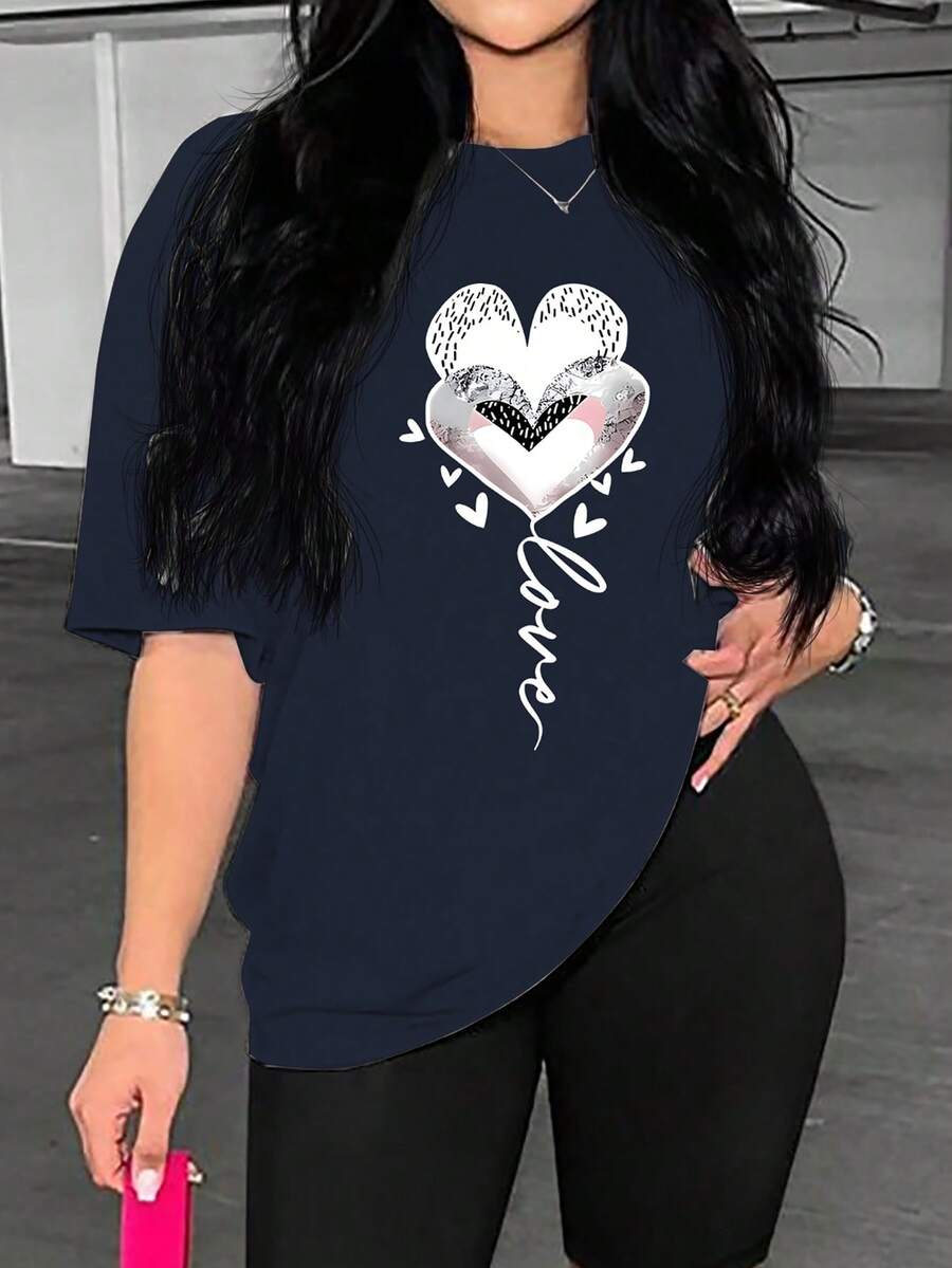 SHEIN Áo thun nữ in họa tiết thời trang mới, dáng rộng, tay ngắn, phong cách thường ngày. - Màu xanh hải quân - Xem 1