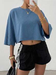 SHEIN EZwear Women's Solid Color Minimalist Crew Neck Long Sleeve T-Shirt, Everyday Wear Baggy Crop Top Loose Crop Top Oversized Cropped T Shirt - Blue - View 4