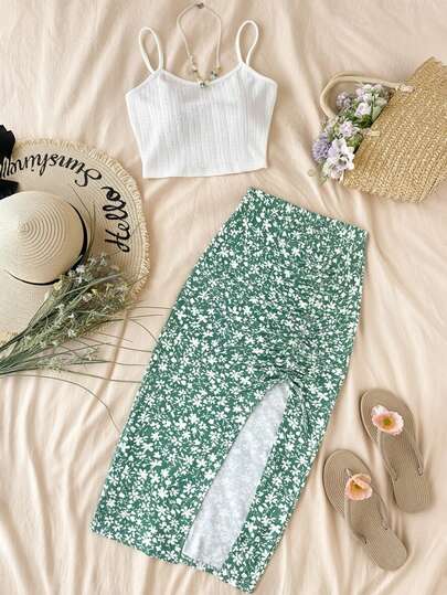 SHEIN Kids Teen Girl Green White,2pcs Set: Solid Color Spaghetti Strap Top And Ditsy Floral Slit Hem Skirt, Casual Holiday Girl Two Piece Outfit Green Skirt Two Piece Set 2 Piece Vacation Outfit Two Piece Set Teen Girl For Summer Green Floral Skirt Set