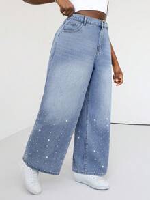 Slaydiva Quần jeans cỡ lớn, kiểu dáng thường ngày, đã qua xử lý, đính đá lấp lánh. - Màu xanh lam - Xem 6
