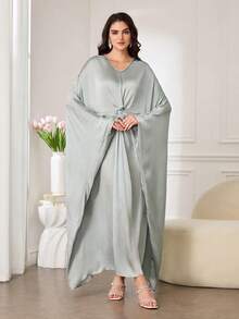 Al Najma Áo Kaftan dáng rộng và truyền thống Ả Rập dành cho nữ, kiểu dáng thanh lịch, sang trọng, cao cấp, duyên dáng, nữ tính với cổ áo đính kim cương, thắt lưng buộc eo, thiết kế bất đối xứng, chất liệu satin mềm mại, nhẹ, bóng mượt, cao cấp, kết cấu mềm mại. - màu xanh lá - Xem 3