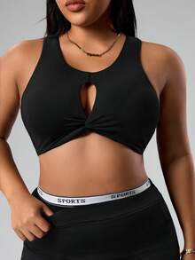Rhythm Era Plus Size Sports Twist Front Wireless Bra, Removable Padded Hollow Sexy Bra - Black - View 5