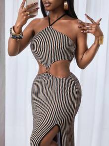 SHEIN BamGlam Women's Striped Print High Slit Halter Neck Crochet Dress