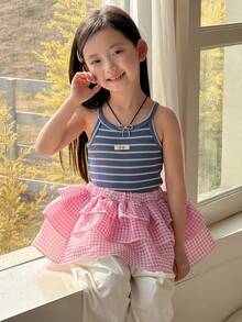 Dazy Kids Young Girl Plaid Elastic Waist Cute Cake Skirt - Pink - View 7