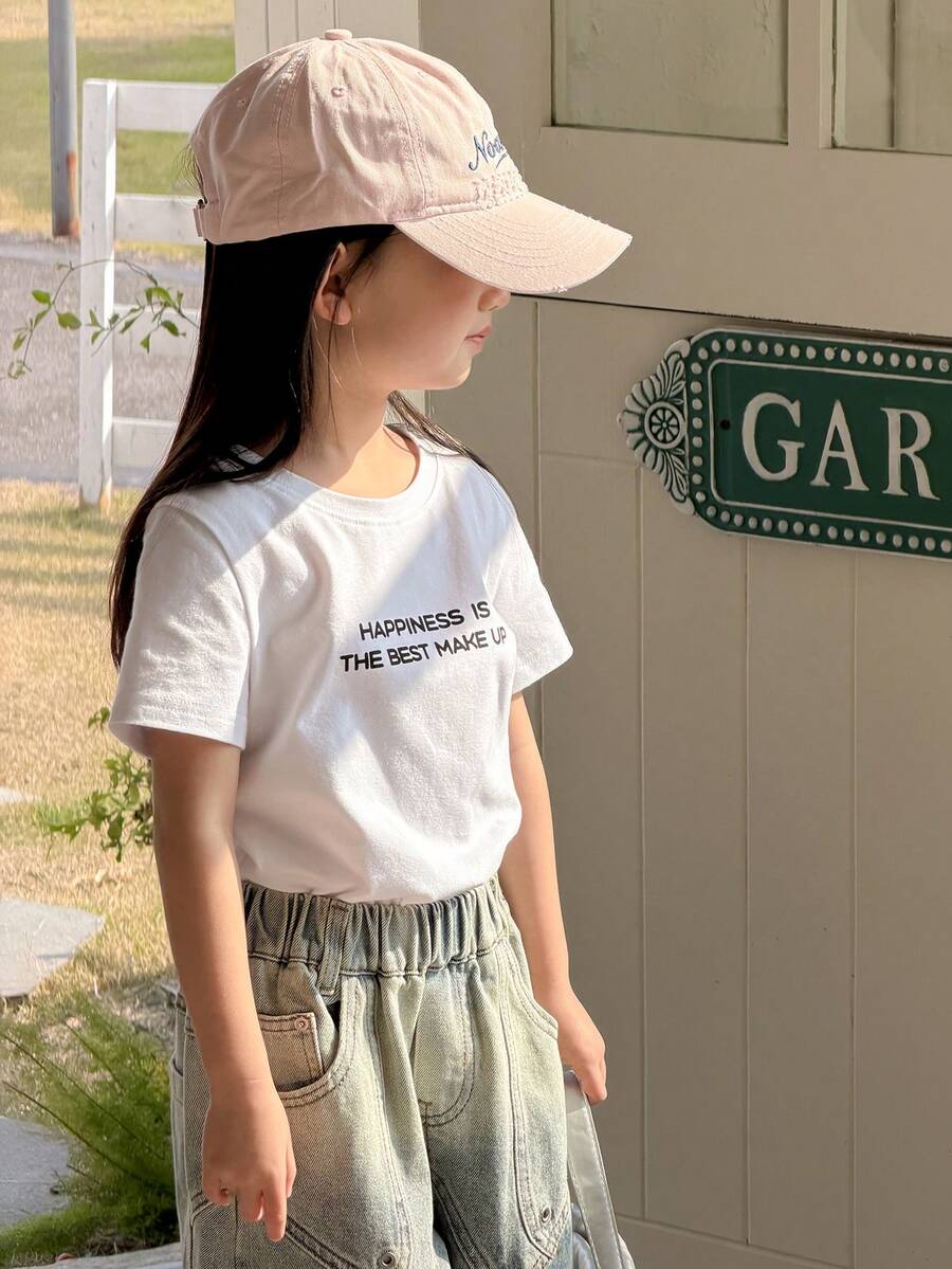 Dazy Kids 休闲标语印花圆领短袖T恤，百搭 - 白色 - 查看 1